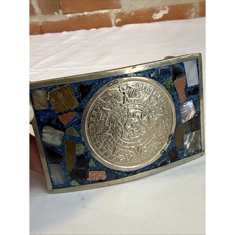 Mexican Aztec Mayan Calendar Sterling Silver Belt Buckle